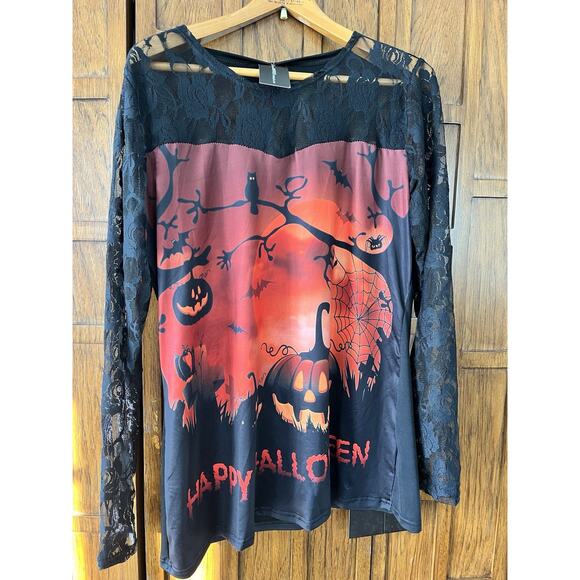 Happy Halloween Graphic Top Women SZ L Lace Sleeves NEW Jack o Lantern Print NWT - Picture 2 of 10